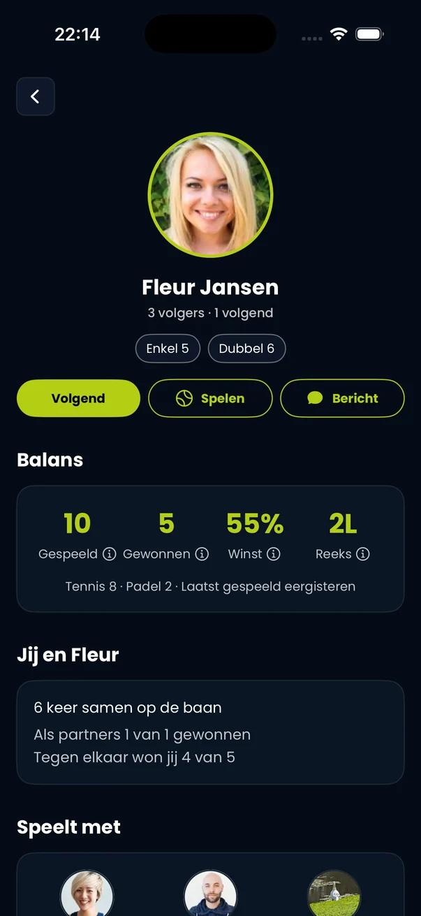 Het profiel van een clubgenoot met de onderlinge stand: 4 van 5 gewonnen