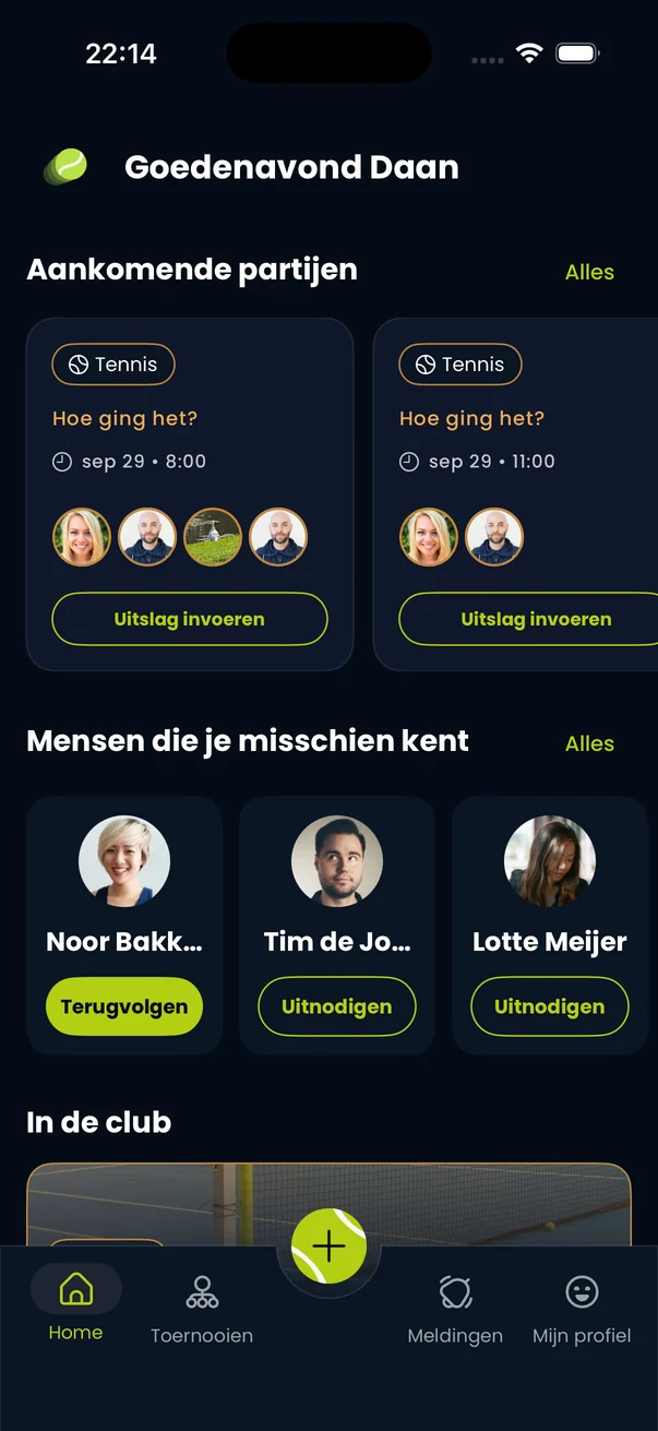 Het beginscherm van TennisApp met aankomende partijen en clubgenoten